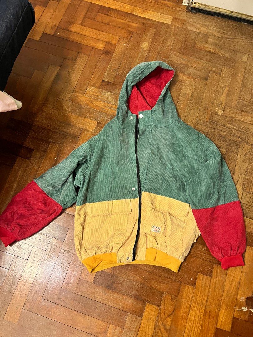 patchwork corduroy jacket (Category: Coats, Jackets and Outerwear) located in Singapore. Submitted by shellyshiz (Listing ID 1407871063, Image 1). Description: oversized corduroy patchwork primary color jacket. cute and puffy fit. has a vintage look. has some wear and tear.