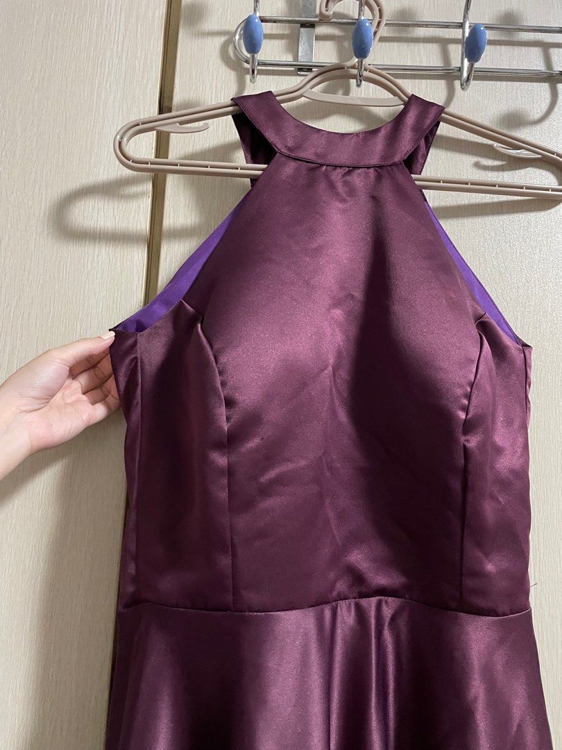 Plum Halter Neck Silk Formal Long Gown (Category: Evening dresses & gowns) located in Manila. Submitted by preloved0805 (Listing ID 1407897867, Image 3). Description: Back design is ribbon/tie. Measurements in images Worn once for a wedding. Height is 5’4 I usually wear size S. Maluwag pa sa top part should be able to fit until size M. .
