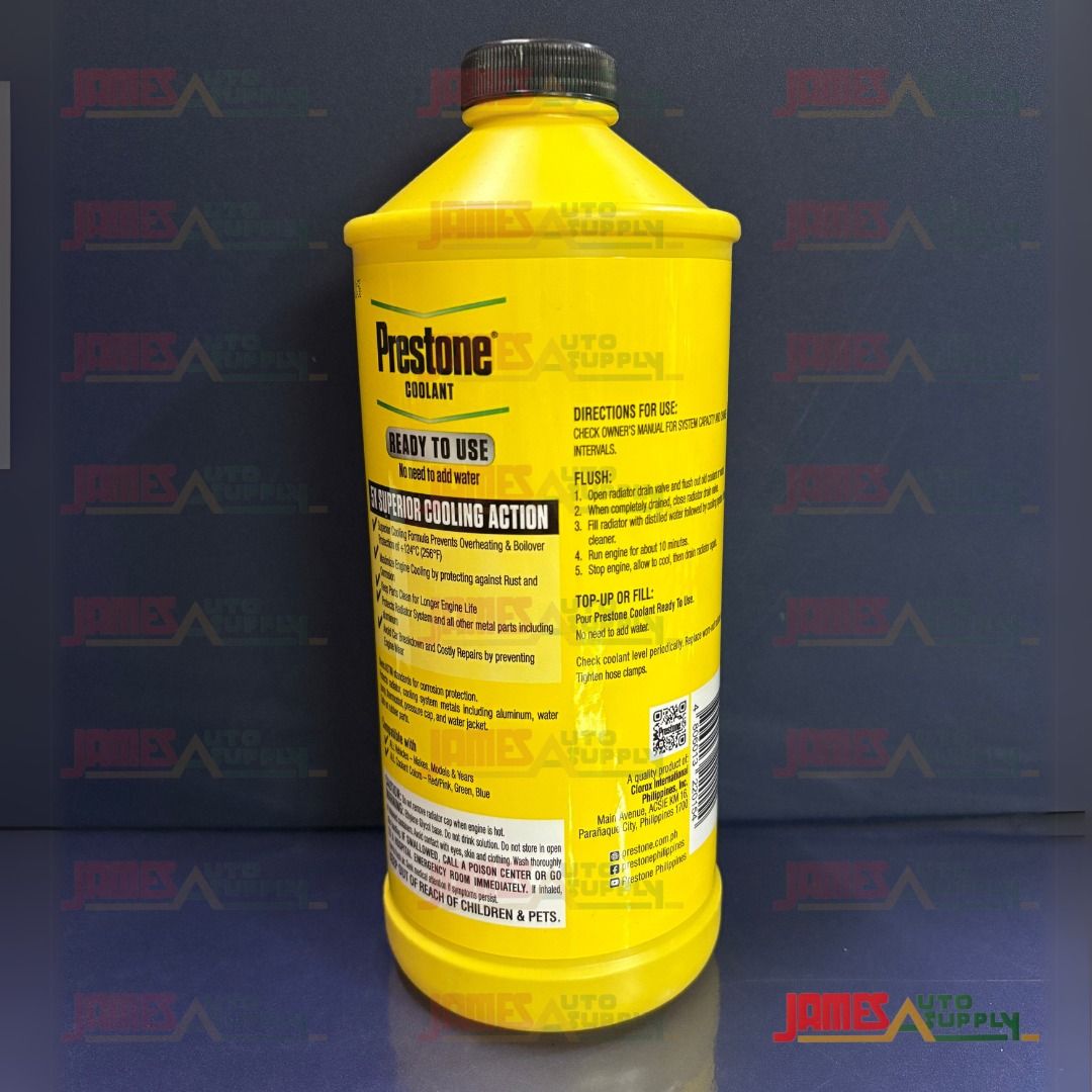 Prestone Coolant Ready to Use 1 Liter (Category: Other Automotive Parts and Accessories) located in Manila. Submitted by summercookie (Listing ID 1206346844, Image 2). Description: 1L - P400 3L - P900 20L - P5,300 *pre-order 7 days Convenient, high-quality, pre-diluted coolant ideal for top ups and on-the-road refills. Formulated to protect against overheating, boilover, rust, and corrosion, this advanced blend of ethylene glycol & deionized wate