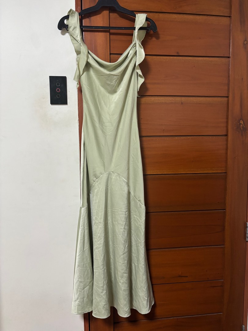Deadstock Mandalay Sage Green Beaded Lace Silky Satin Dress — Size 8