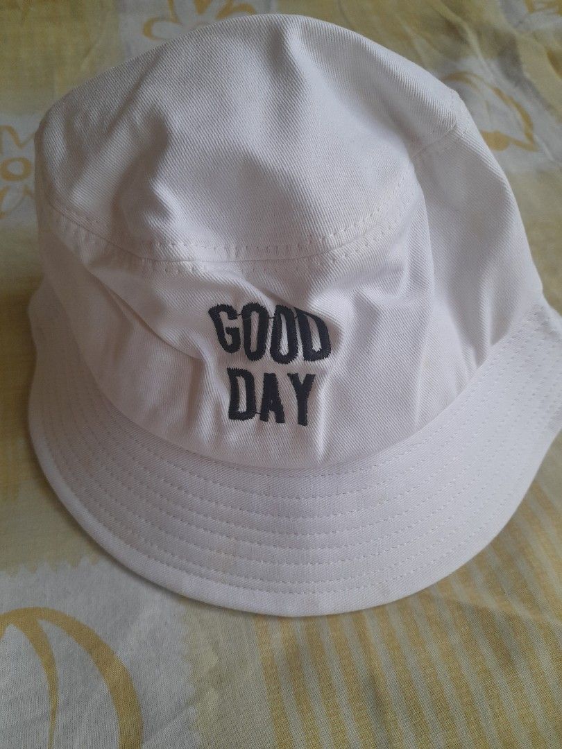 White Bucket Hat with 'Good Day' Embroidery (Category: Looking For) located in San Pedro. Submitted by JohnsonKeeps (Listing ID 1407829134, Image 1). Description: - White bucket hat - 'Good Day' embroidered on front - Classic design - Lightweight fabric - with light stains ( see photos).