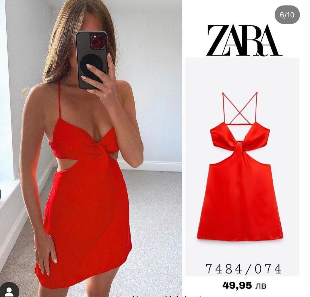 Zara Red Cut-Out Dress (Category: Dresses) located in Quezon City. Submitted by ys4bella (Listing ID 1407875545, Image 2). Description: - ORIG Zara red satin dress (used once only) - Unique cut-out design - Halter neck with bow detail - Silky material - Flattering silhouette - Size M - Perfect for a night out or special occasion.