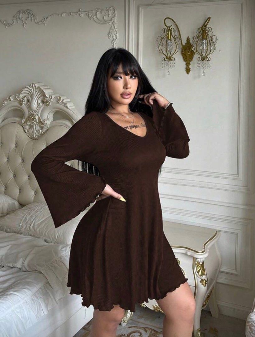 SHEIN Brown Long Sleeve Mini Dress (Category: Dresses) located in Quezon City. Submitted by crococong (Listing ID 1408035574, Image 2). Description: BRAND NEW: SHEIN Plus Size Longsleeve Dress Size dimensions: 3XL-4XL - Bust: 43.3 in - Waist: 37.8 in Only used once (fitted only) Shipping via: Lalamove, Grab/Moveit, Gogo Express DM for inquiries .
