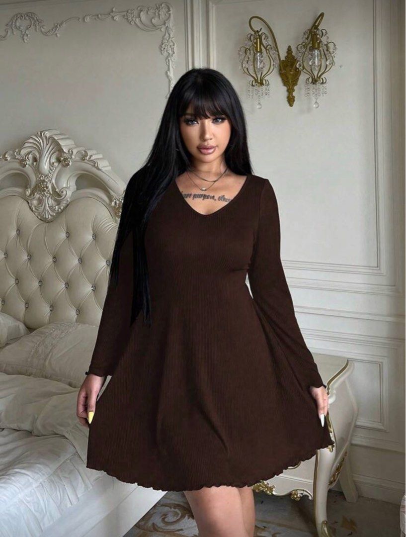 SHEIN Brown Long Sleeve Mini Dress (Category: Dresses) located in Quezon City. Submitted by crococong (Listing ID 1408035574, Image 3). Description: BRAND NEW: SHEIN Plus Size Longsleeve Dress Size dimensions: 3XL-4XL - Bust: 43.3 in - Waist: 37.8 in Only used once (fitted only) Shipping via: Lalamove, Grab/Moveit, Gogo Express DM for inquiries .