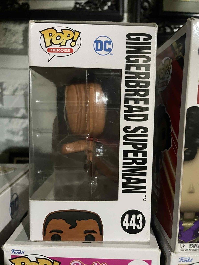 Funko Pop! Heroes Gingerbread Superman #443 (Category: Designer & Blind Box Toys) located in Baguio. Submitted by gabbxvyiee (Listing ID 1408084708, Image 1). Description: - Funko Pop! Gingerbread Superman figure. - #443 in the DC Super Heroes series. - Brand new, in original packaging. - Box displays the figure and series details. - Features other figures like Gingerbread Batman, Aquaman, Wonder Woman, and The Flash on the back..