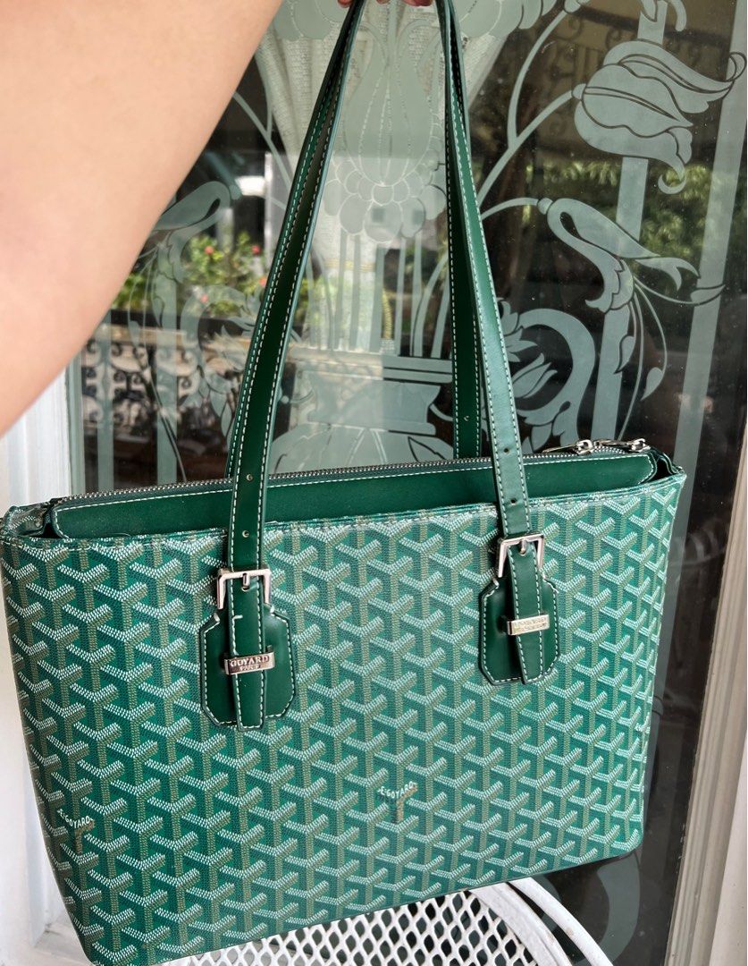 Goyard Green Work Bag (Category: Luxury Bags & Wallets) located in Antipolo. Submitted by smokedcheddathaassgetta (Listing ID 1407944942, Image 1). Description: - Color: Green - Signature Goyardine canvas - Leather trim - Silver-tone hardware - Zip closure - Two top handles - Goyard logo on front - Perfect for everyday use.