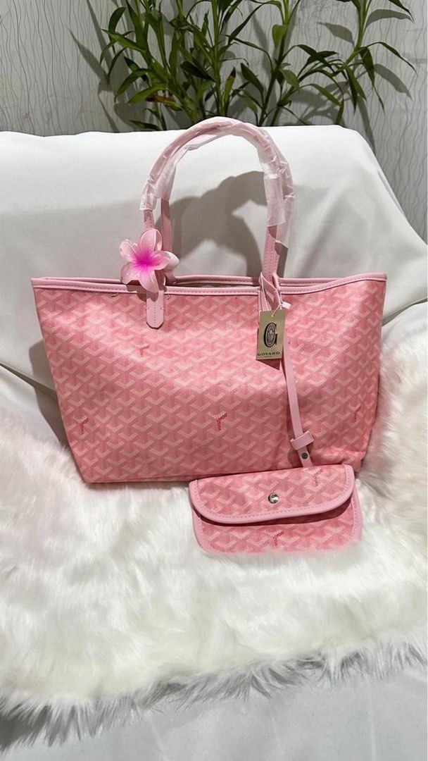 Goyard Pink Tote Bag (Category: Luxury Bags & Wallets) located in Davao. Submitted by yournewbabieszx (Listing ID 1408055685, Image 3). Description: - du/p3 Pink Goyard Tote Bag - Includes matching pouch - Features the signature Goyard geometric pattern - Spacious interior for all your essentials - Comfortable double handles for carrying.