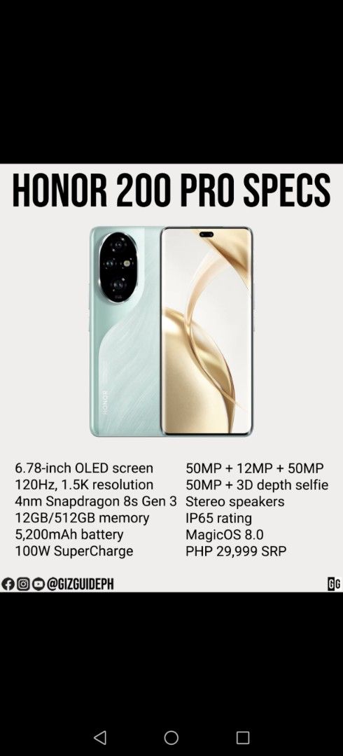 Honor 200 Pro 5G (Category: Android Others) located in Manila. Submitted by happydeer-1eea (Listing ID 1408063964, Image 1). Description: Selling my personal phone Honor 200 pro 5G for only 20,500,only 8mos used and no issue rfs:need funds.