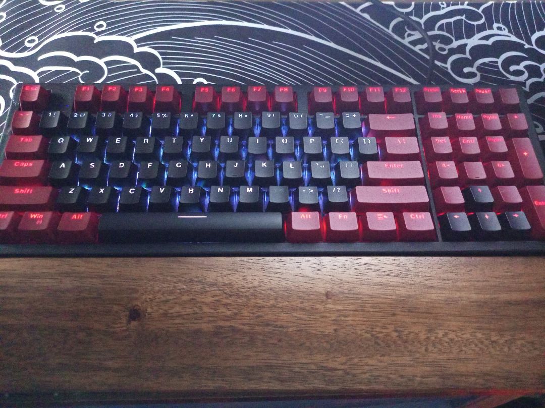 KEYCAPS ONLY black and red 103 keys keyboard keycaps (Category: Computer Keyboard) located in Quezon City. Submitted by vinzrandompick (Listing ID 1407959318, Image 3). Description: - important: KEY CAPS ONLY - hindi ginamit - yung mga parang gasgas, sa print yata mismo - smooth kasi, parang hindi outer damage - 103 keys (kakabilang ko lang ulit as of December 05, 2025) - OEM layout? basta yung mataas - backlit kaya pwede sa madilim - used rakk i