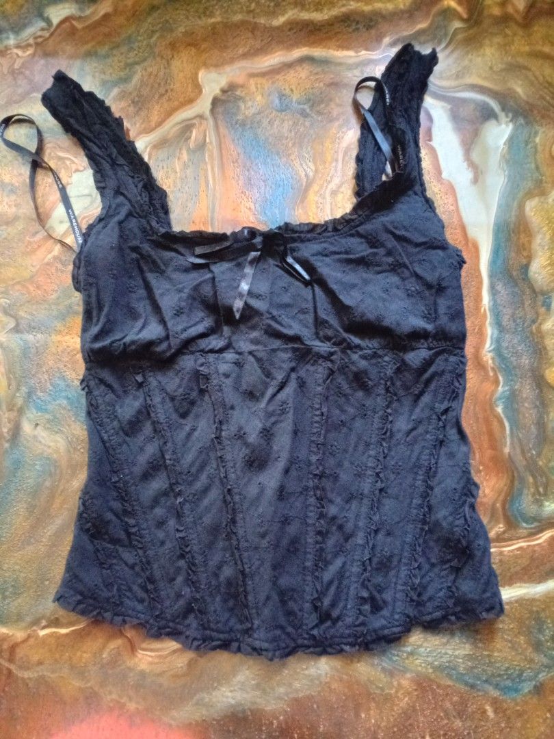 Milkmaid eyelet full length corset top (Category: Others Tops) located in Quezon City. Submitted by princess_ma (Listing ID 1408000508, Image 1). Description: can fit Xs-small bust 32 waist 25-26inches length 19inches from shoulder strap to bottom or laylayan with boning front & back zipper closure Color rate 10/10 Black na black po ito No FLAWS✅️.