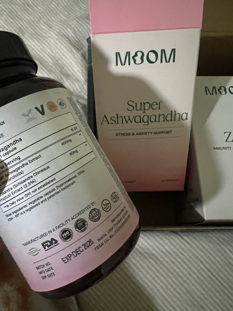 MOOM (Category: Vitamins & Supplements) located in Kuala Terengganu. Submitted by mhmdsyz (Listing ID 1407966735, Image 3). Description: MOOM SUPPLEMENTS •ZINC (immunity, hair & skin) 90 days RM60 •SUPER ASHWAGANDA (stress, focus & mood) 90 days RM150 •AMLA+ (immunity, hair & skin) 90 days RM150 Reason to sell : overstock on supplements Bottles remained unopened & expired in DECEMBER 2026.