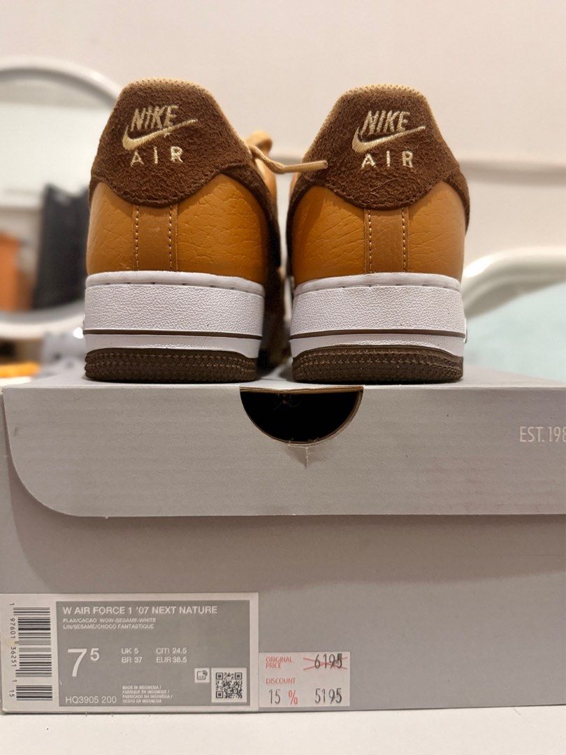 Nike Air Force 1 '07 Next Nature (Category: Sneakers) located in Cavite. Submitted by ericawithg (Listing ID 1408034210, Image 3). Description: - Nike Air Force 1 '07 Next Nature - Tan and brown colorway - Size 7.5 (EUR 8.5) - White midsole, brown outsole - Nike Air logo on tongue and heel - Floral design insole -10/10 -Used twice only -RFS: Got more pairs + decluttering -Orig price is already posted! Pls no haggling. .