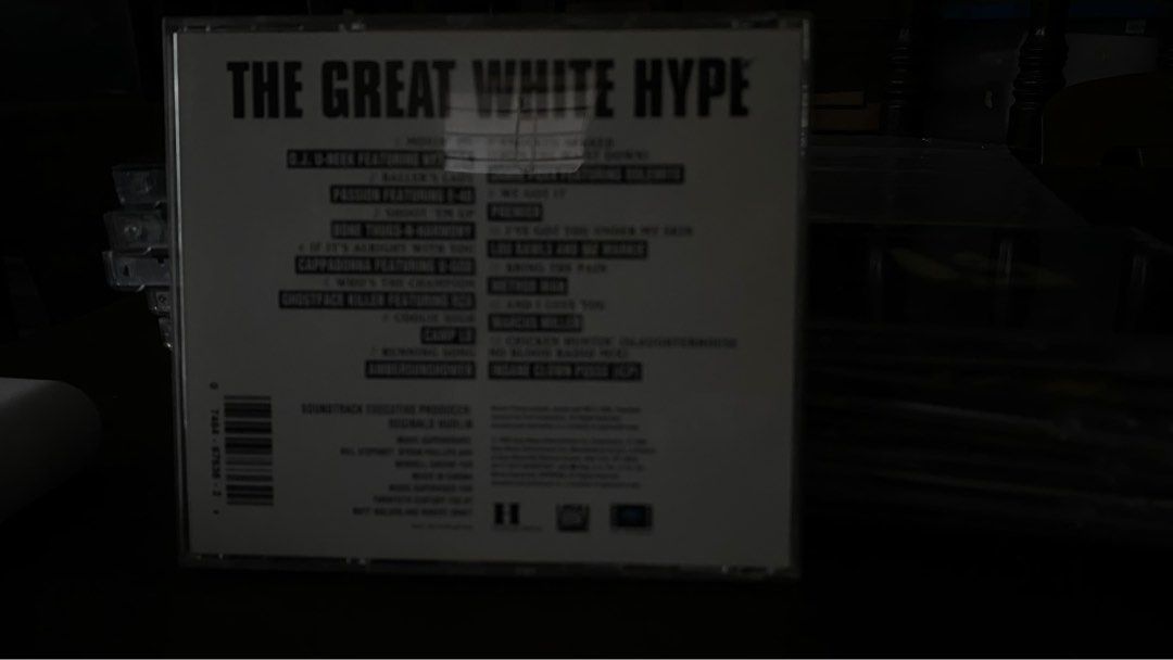 The Great White Hype Soundtrack CD (Category: CDs & DVDs) located in Tabaco. Submitted by cinemahilig (Listing ID 1407990723, Image 2). Description: - Original soundtrack CD for "The Great White Hype" - Features music from artists like D.J. U-Neek, Bone Thugs-N-Harmony, and Ghostface Killah - Includes tracks: - "Money, Hoes & Prospects" - "Ballin's & Boozin'" - "We Got It".