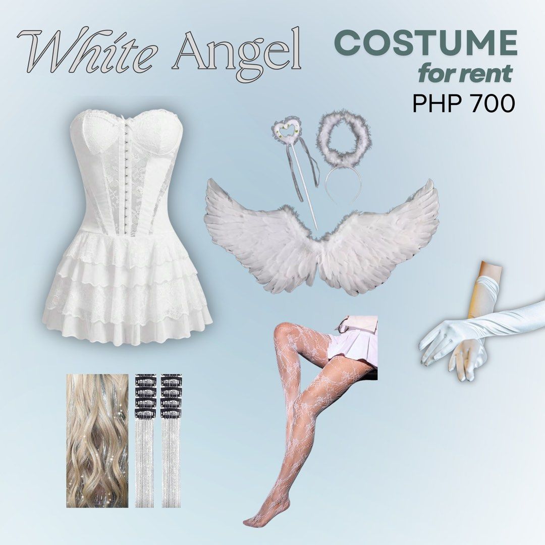 White Angel Costume for Rent (Category: Sets or Coordinates) located in Muntinlupa City. Submitted by hellotia (Listing ID 1408053897, Image 1). Description: Complete White Angel Costume FOR RENT 🤍 Perfect for parties and events Includes: > Corset dress > Angel wings > Halo > Wand > White gloves > Hair tinsels accessories DRESS MEASUREMENTS > Fits small to medium > Has inner shorts Bust: 30.7 in Waist Size: 26.8 in Hip Size: 33.1 in Length: 21.3