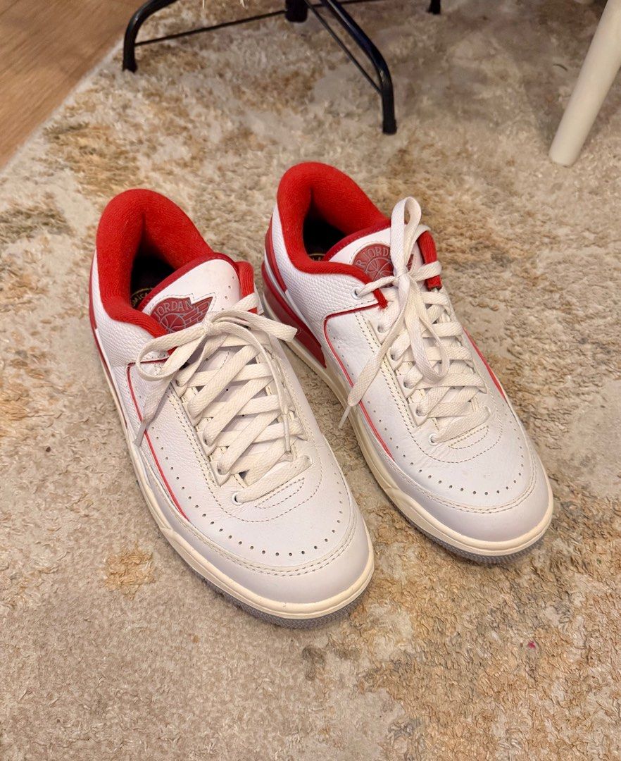 Air Jordan 2 Retro White Red (Category: Sneakers) located in Quezon City. Submitted by arkiolly (Listing ID 1408214258, Image 1). Description: - Air Jordan 2 Retro - White leather upper with red accents - US size 8.5 - Iconic Air Jordan logo on tongue - Some wear on soles.