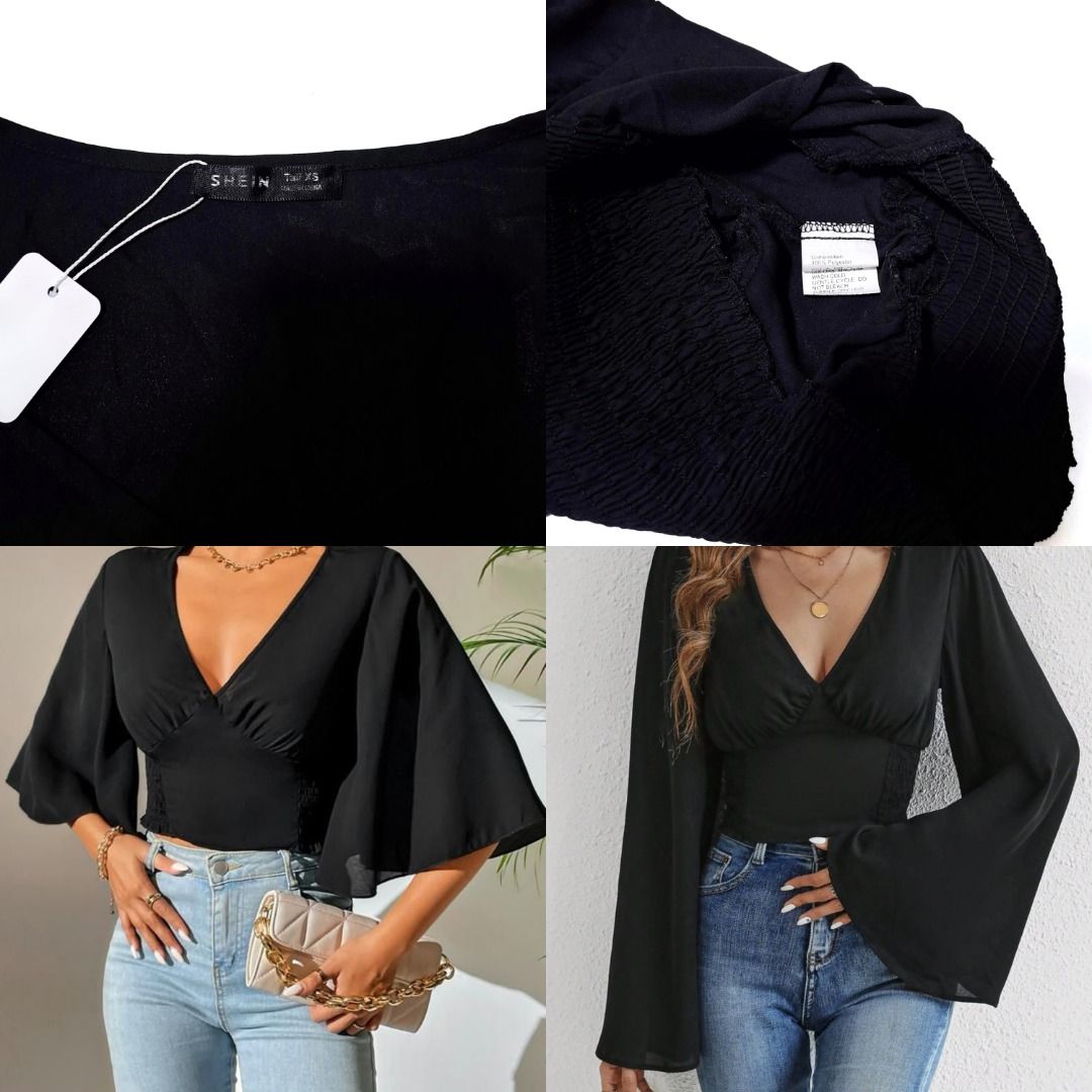 (SALE @79) Bell sleeve top (Category: Blouses) located in Baguio. Submitted by a.ugustt (Listing ID 1408119605, Image 2). Description: fits XS-S | XS on tag black *bell sleeve, smocked waist, medyo manipis.