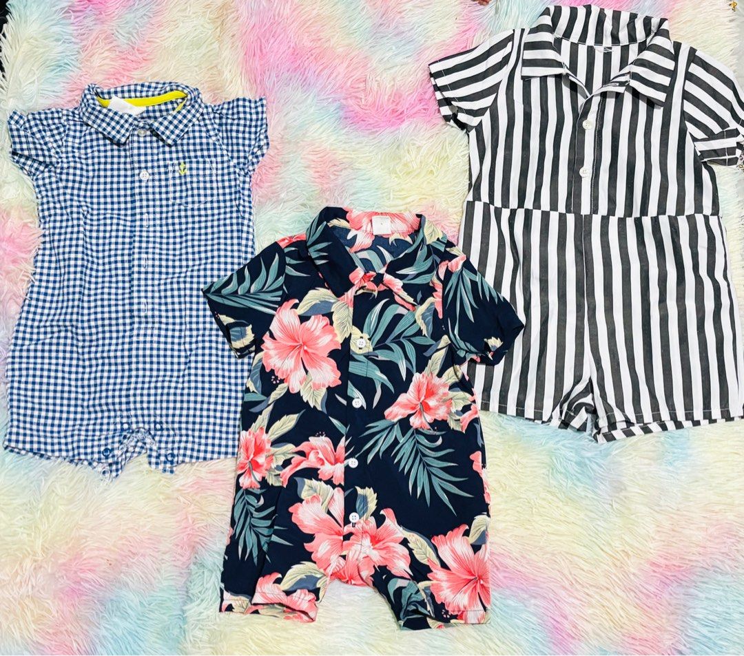 Boy rompers (Category: Babies & Kids Fashion) located in Pasay City. Submitted by sandybuggy (Listing ID 1408226612, Image 1). Description: 6-12mos Checkered- 6mos Floral- 6-9mos Stripes-9-12mos Free one rompwe.