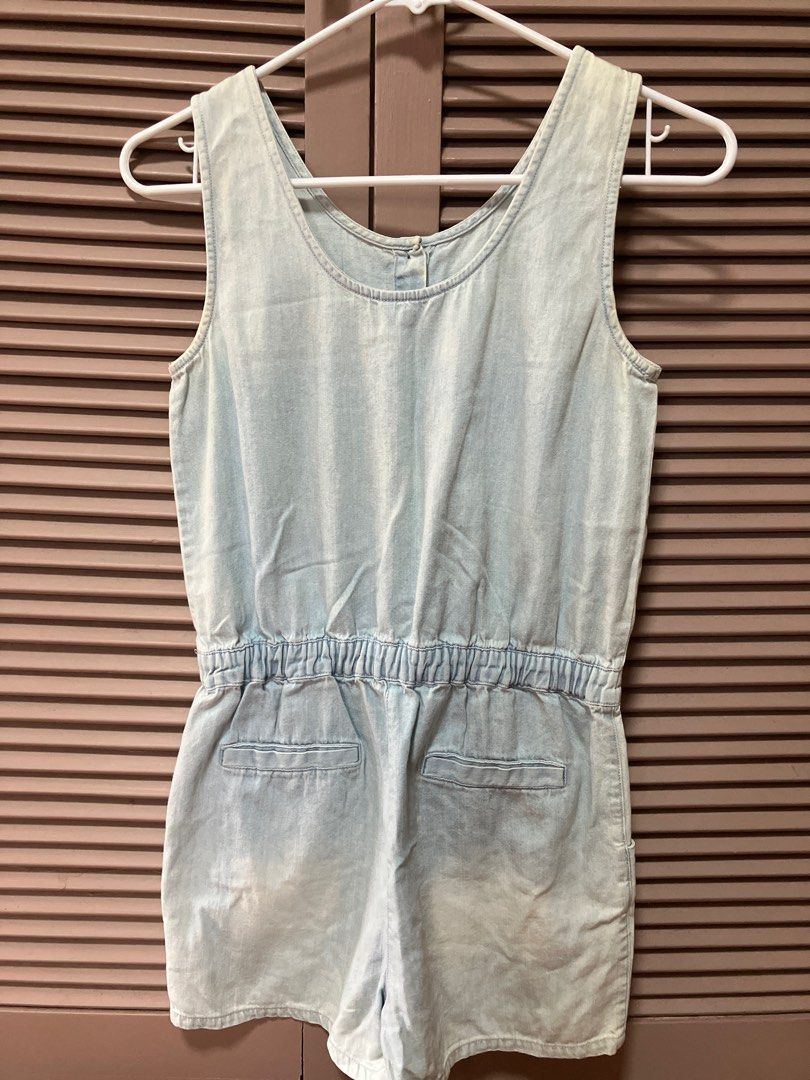 Denim Romper (Category: Babies & Kids Fashion) located in Binan City. Submitted by mrsjca (Listing ID 1408169846, Image 2). Description: - Light blue faded denim romper - Scoop back design - Button-down front closure - Elastic waistband - Two chest pockets - Two front pockets - Sleeveless - Relaxed fit.