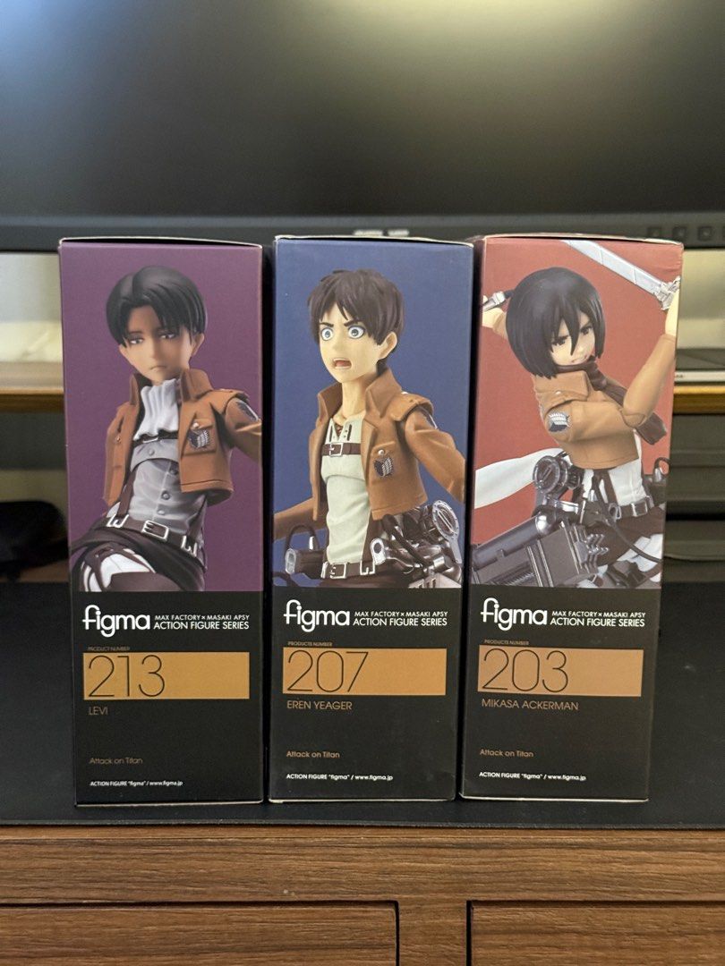 Figma Attack on Titan Eren Mikasa Levi (Category: Figurines & Statues) located in Manila. Submitted by drewster14 (Listing ID 1408132572, Image 2). Description: Attack on Titan Figma Figure Set Authentic Figma Max Factory Mikasa Ackerman (203) - back in box like new 6000 Eren Yeager (207) - back in box like new 6000 Levi (213) figures - mint in sealed box 8000 Get the whole set for only P18k. .