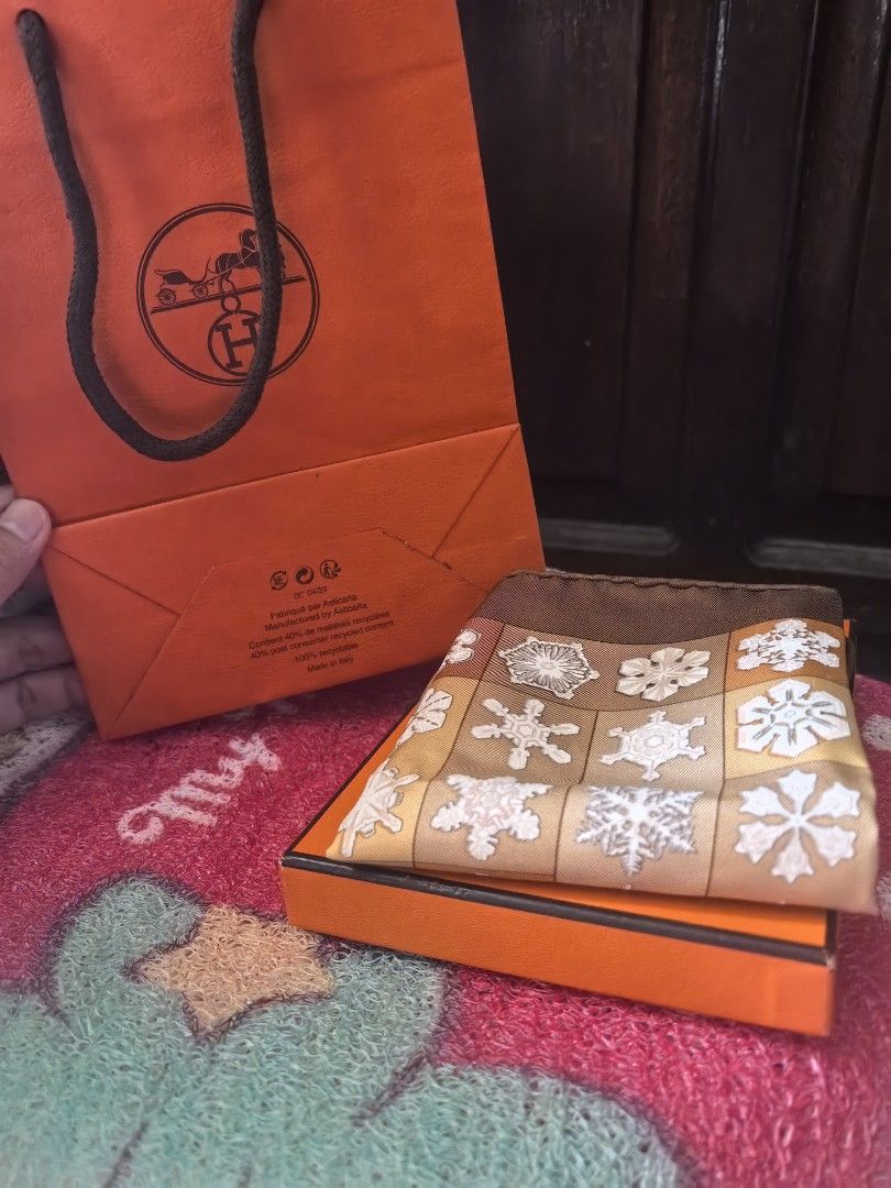 Hermes handkerchief (Category: Luxury Accessories) located in Quezon City. Submitted by uptrendglam (Listing ID 1408178892, Image 1). Description: Hermes silk long handkerchief with box and paperbag. Guaranteed authentic only flaw was its hand stitched on sides (see last photo for reference)..