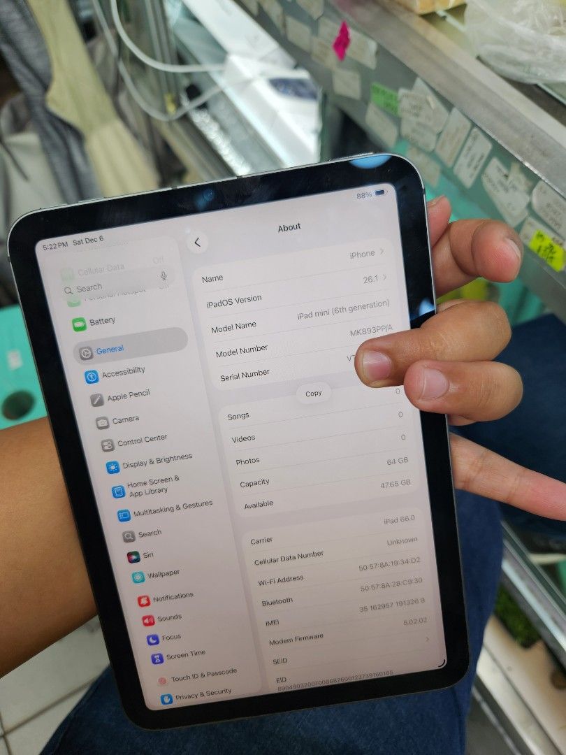 iPad Mini 6 64gb (with sim slot) (Category: iPad) located in San Juan City. Submitted by wainefreygadgetshop (Listing ID 1408221619, Image 3). Description: iPad Mini6 64gb (with cellular) ALL GOODS AT WORKING NO HIDDEN ISSUE PEDE PANG OFFICE PEDE RIN PANG ONLINE CLASS GOODS DIN PANG BATA SA MAHIHILIG MAG YOUTUBE TEST ALL YOU WANT BAGO BAYARAN NOTE* WALANG FINGERPRINT AT DI MAKINIS KAYA MURA FREE CHARGER AT CASE For fast transaction call/text 0927