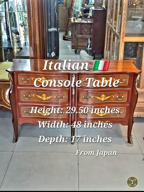 Italian 🇮🇹 Console Table with Hanging Wall Mirror. (Category: Tables & Sets) located in Manila. Submitted by trendsettershoppe (Listing ID 1408297118, Image 3). Description: Italian 🇮🇹 Console Table with Hanging Wall Mirror. H-66 x W-48 x D-17, inches. Pre-loved. From Japan..