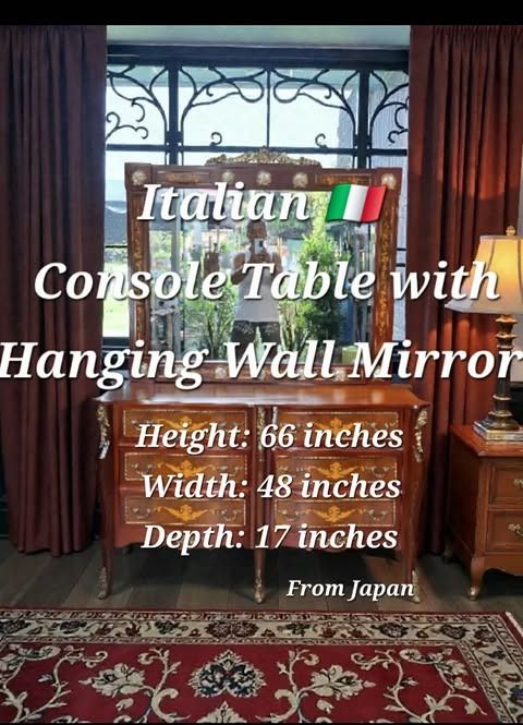 Italian 🇮🇹 Console Table with Hanging Wall Mirror. (Category: Tables & Sets) located in Manila. Submitted by trendsettershoppe (Listing ID 1408297118, Image 1). Description: Italian 🇮🇹 Console Table with Hanging Wall Mirror. H-66 x W-48 x D-17, inches. Pre-loved. From Japan..