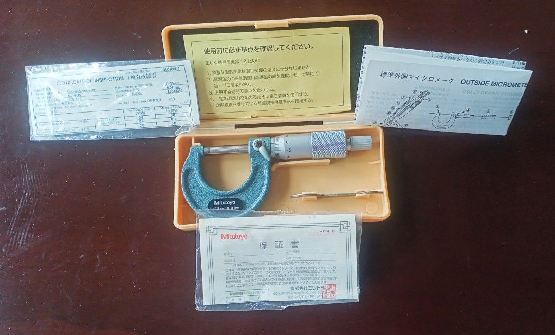 Authentic Mitutoyo Outside Micrometer M110-25 /CN 103-137 (Category: Construction Tools & Equipment) located in San Isidro. Submitted by thankugeri87256 (Listing ID 1408127715, Image 1). Description: ✏️Japan Surplus item. ✏️Minor flaws/scratches if any are normal. ✏️Authentic and made in Japan. ✏️Manuals & Cert.of Inspection are intact. ✏️With hard case for safe keeping. ✏️Good condition. ✏️Sold in "as is where is" basis..