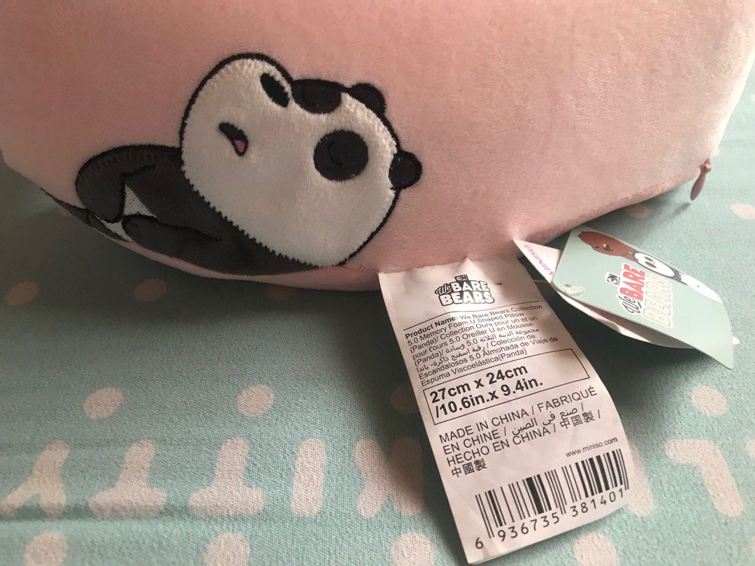 Miniso We Bare Bears Panda Travel Pillow (Category: Plushies & Soft Toys) located in Cavite. Submitted by orchidaes (Listing ID 1408185507, Image 3). Description: Miniso travel pillow features a cute We Bare Bears Panda design. It's a soft, pink memory foam pillow, perfect for comfortable travel. The pillow has a snap closure.