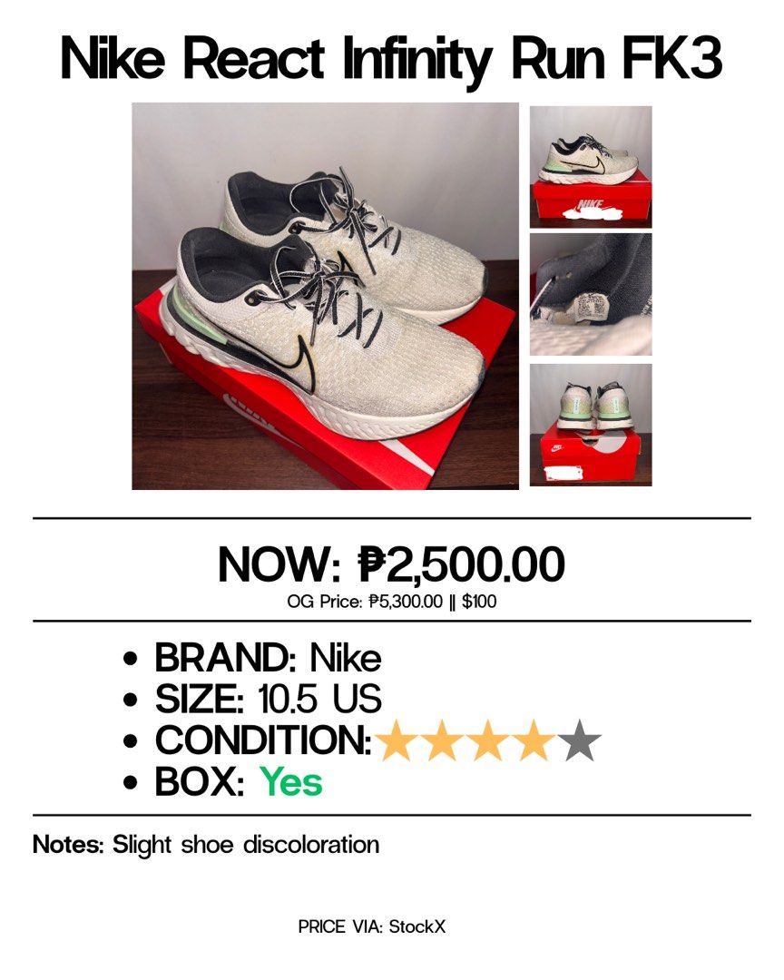 Nike React Infinity Run FK3 (Category: Sneakers) located in Las Pinas. Submitted by mariajuliacq (Listing ID 1408209667, Image 1). Description: - Nike React Infinity Run FK3 sneakers - Size: US 10.5 - Colorway: White and Black - Includes original box - Condition: Slight discoloration - Original Price: ₱5,300.00.
