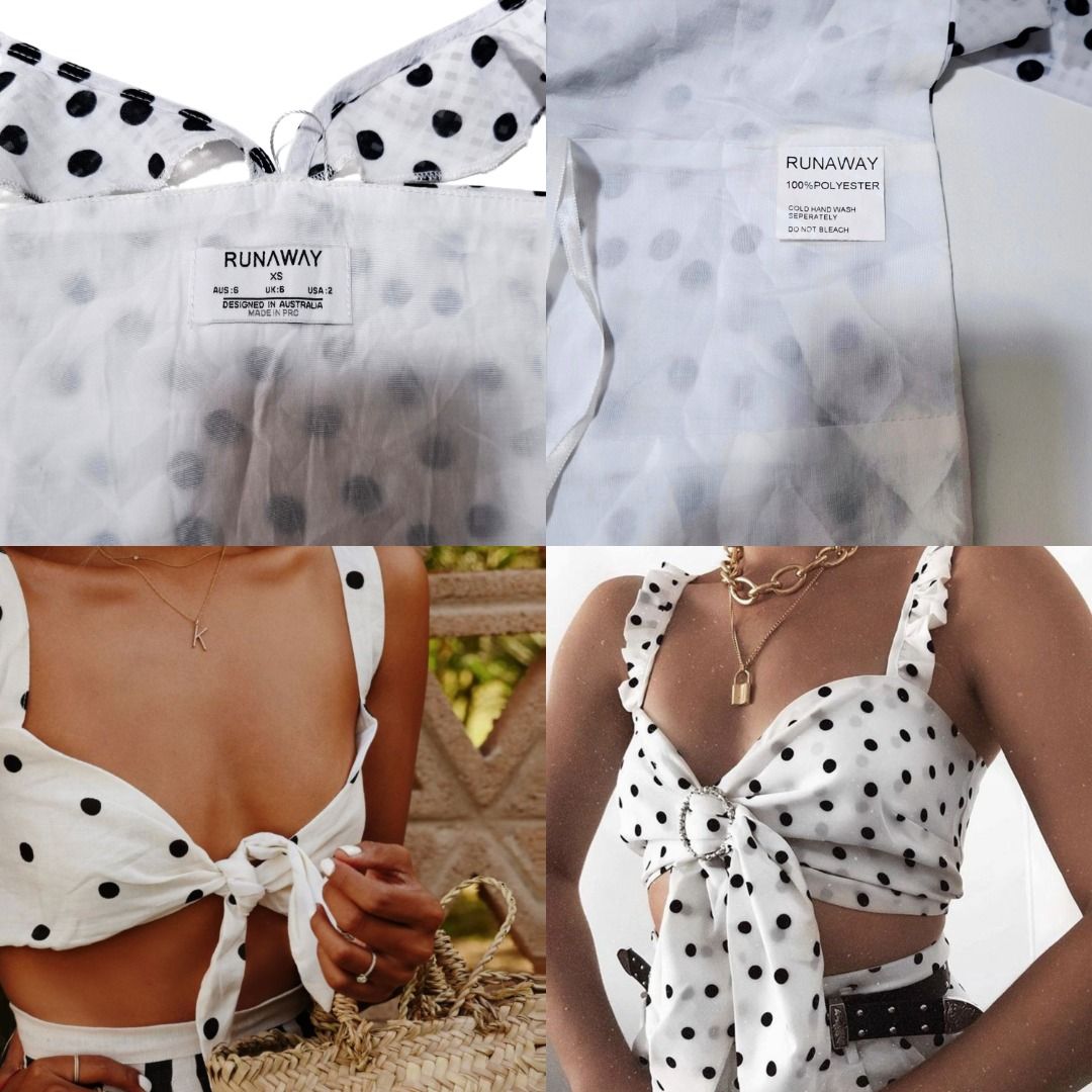 (SALE @79) Polka dot tie top (Category: Others Tops) located in Baguio. Submitted by a.ugustt (Listing ID 1408125683, Image 2). Description: fits XS-S | XS / US 2 on tag white / black *tie front, ruffle straps, double lined.