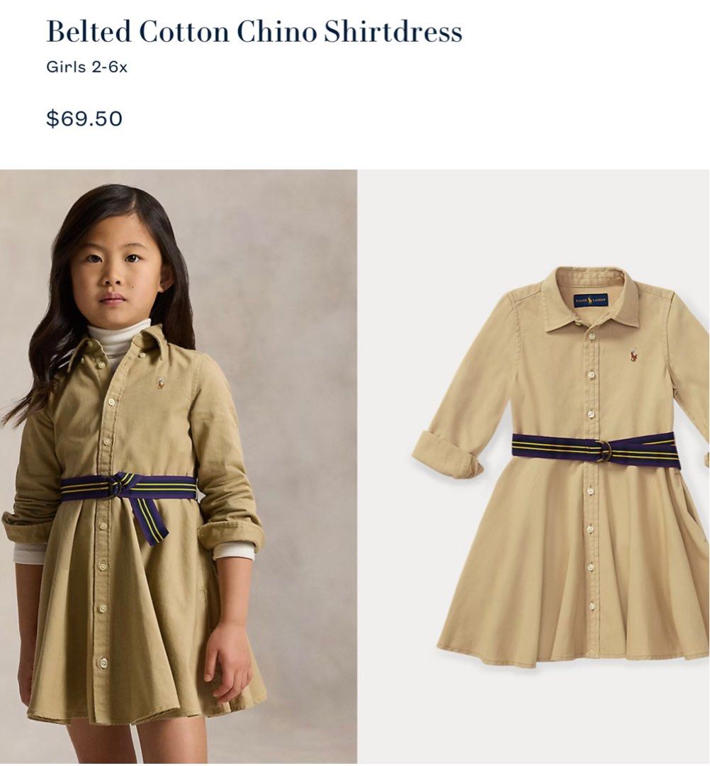 Ralph Lauren Dress - Size 6X (Category: Babies & Kids Fashion) located in Paranaque City. Submitted by lalafer (Listing ID 1402956019, Image 1). Description: - Ralph Lauren dress (belt not included) - Light tan color - Size 6X - Button-down style - Collared neckline - Long sleeves - Fitted bodice with pleated skirt - Ralph Lauren logo on chest.
