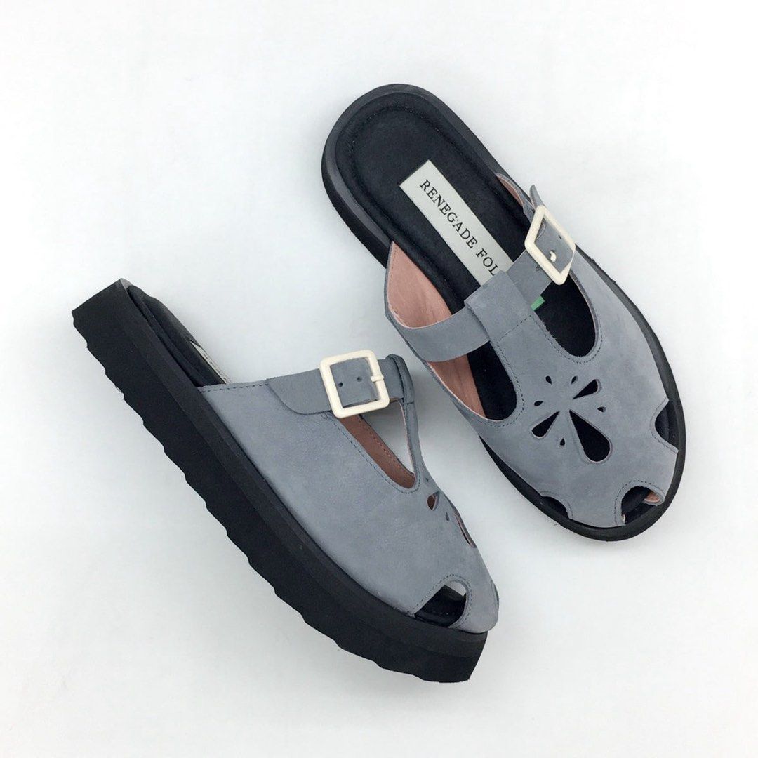 Renegade Folk Figure Chunky Mules Sandals Clogs (Category: Flats & Sandals) located in Angono. Submitted by kateofspades (Listing ID 1408273025, Image 3). Description: ‼️PLEASE READ - IF YOU’RE NOT A SURE BUYER, PLEASE DO NOT SEND AN OFFER OR SAY “MINE” ‼️ Renegade Folk Chunky Figure Mules in Steel Blue - made of genuine leather; outer is rly nice suede material - runs small; typically a size 8 but sized up for this - used but in excellent condit