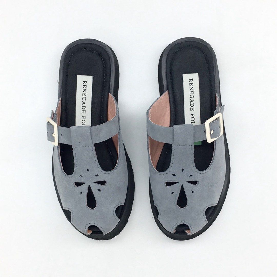 Renegade Folk Figure Chunky Mules Sandals Clogs (Category: Flats & Sandals) located in Angono. Submitted by kateofspades (Listing ID 1408273025, Image 2). Description: ‼️PLEASE READ - IF YOU’RE NOT A SURE BUYER, PLEASE DO NOT SEND AN OFFER OR SAY “MINE” ‼️ Renegade Folk Chunky Figure Mules in Steel Blue - made of genuine leather; outer is rly nice suede material - runs small; typically a size 8 but sized up for this - used but in excellent condit