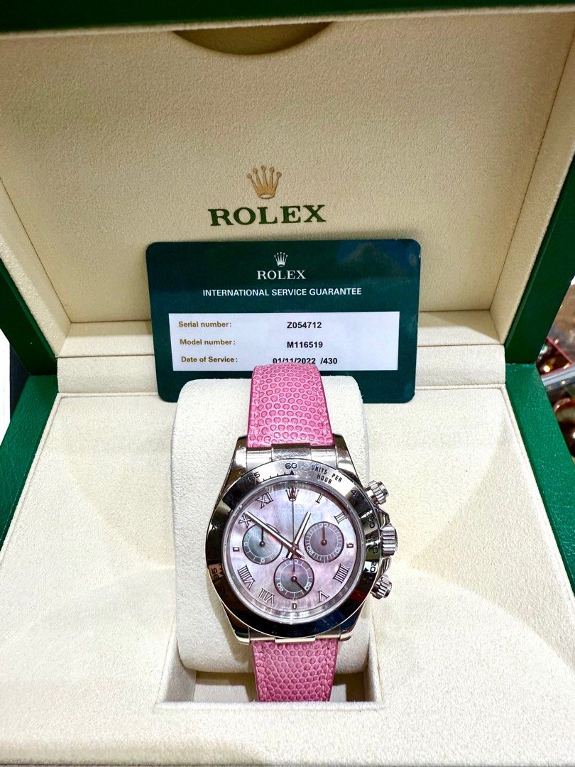 Rolex Daytona 116519 White Gold Black MOP Dial Rolex 2yrs Warranty (Category: Watches) located in Singapore. Submitted by sheenwatch (Listing ID 1408189936, Image 3). Description: *Prices may change without prior notice. Please check stock availability* Just Service by Rolex for $5210 Two year warranty by Rolex Black Mother Of Pearl Dial is quite rare. Brand Rolex Model Daytona Reference number 116519 Movement Automatic Case material White gold B