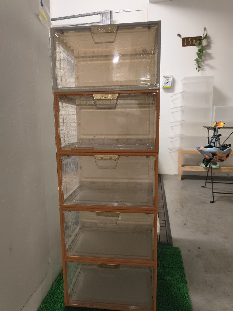 Stackable Shoe Storage Boxes (Category: Shelves, Cabinets & Racks) located in Singapore. Submitted by tutotuesday (Listing ID 1408257721, Image 1). Description: 1 for $5 or all 5 for $20 - Stackable shoe storage boxes - Clear front panel for easy viewing - Space-saving design - Suitable for shoes (can fit up to size 13 men's shoes + high tops) or small items - just washed .