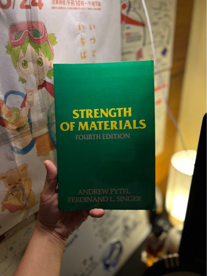 Strength of Materials Fourth Edition (Category: Textbooks) located in Lapu-Lapu City. Submitted by sinclair777 (Listing ID 1408202903, Image 1). Description: - "Strength of Materials" 4th Edition by Pytel and Singer - Published by Harper Collins - Features detailed diagrams and equations - Cover: Green with yellow lettering - Condition: Good.