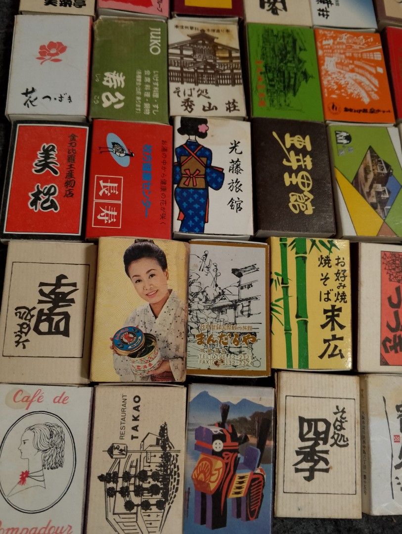 Vintage Japanese Matchbox Collection (Category: Vintage Collectibles) located in Binangonan. Submitted by stufflikedat (Listing ID 1408151655, Image 3). Description: - Set of 42 pieces vintage Japanese matchbox collection for 700 + shipping - Features diverse designs: Japanese characters, women, landscapes, and more. - Includes matchboxes with specific locations and brands: "OSAKA", "Cafe de Pompadour", and "Picasso". - Ideal for collectors of Ja