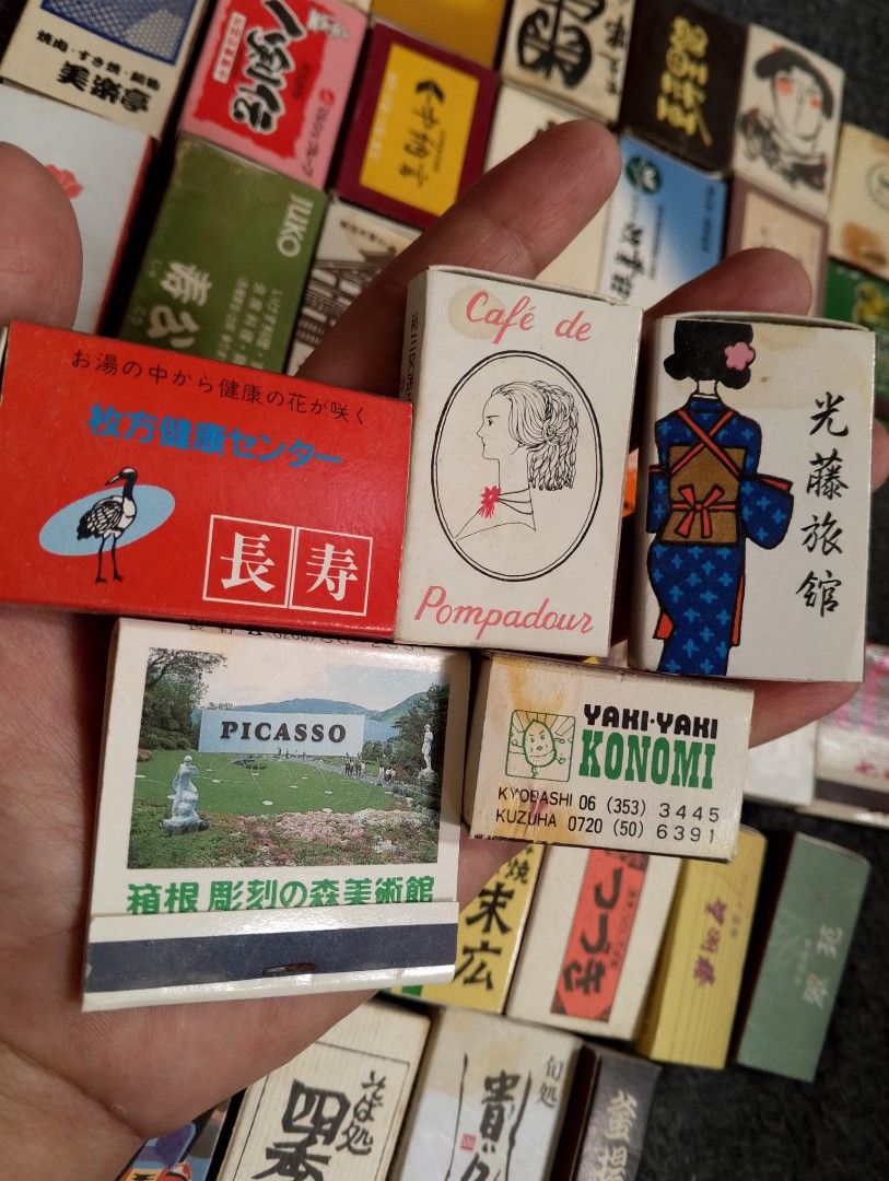 Vintage Japanese Matchbox Collection (Category: Vintage Collectibles) located in Binangonan. Submitted by stufflikedat (Listing ID 1408151655, Image 2). Description: - Set of 42 pieces vintage Japanese matchbox collection for 700 + shipping - Features diverse designs: Japanese characters, women, landscapes, and more. - Includes matchboxes with specific locations and brands: "OSAKA", "Cafe de Pompadour", and "Picasso". - Ideal for collectors of Ja