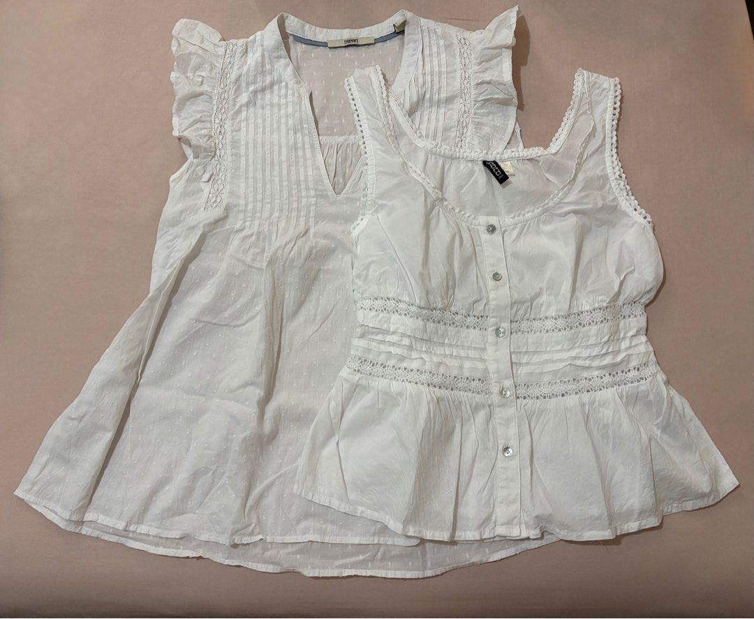 White Women’s Tops (Category: Sleeveless) located in Cainta. Submitted by casacart (Listing ID 1408202685, Image 1). Description: White sleeveless tops 📌 Esprit top (XS): V-neck, ruffle details 📌 H&M Divided top (S): Button details, peplum hem, smock back, never used - Both have a flowy design - Perfect for a casual, breezy style.