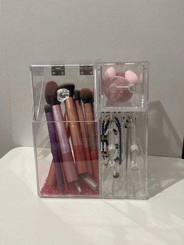 Acrylic Make-up Brush & Accessories Organizer with Small Drawer (Category: Makeup) located in Santa Rosa. Submitted by arkaivess (Listing ID 1408482040, Image 1). Description: Acrylic Organizer (Does not come with the brushes, sponges, and jewelries!! They are just for display) Got this for ₱500+ RFS: Moving Out .