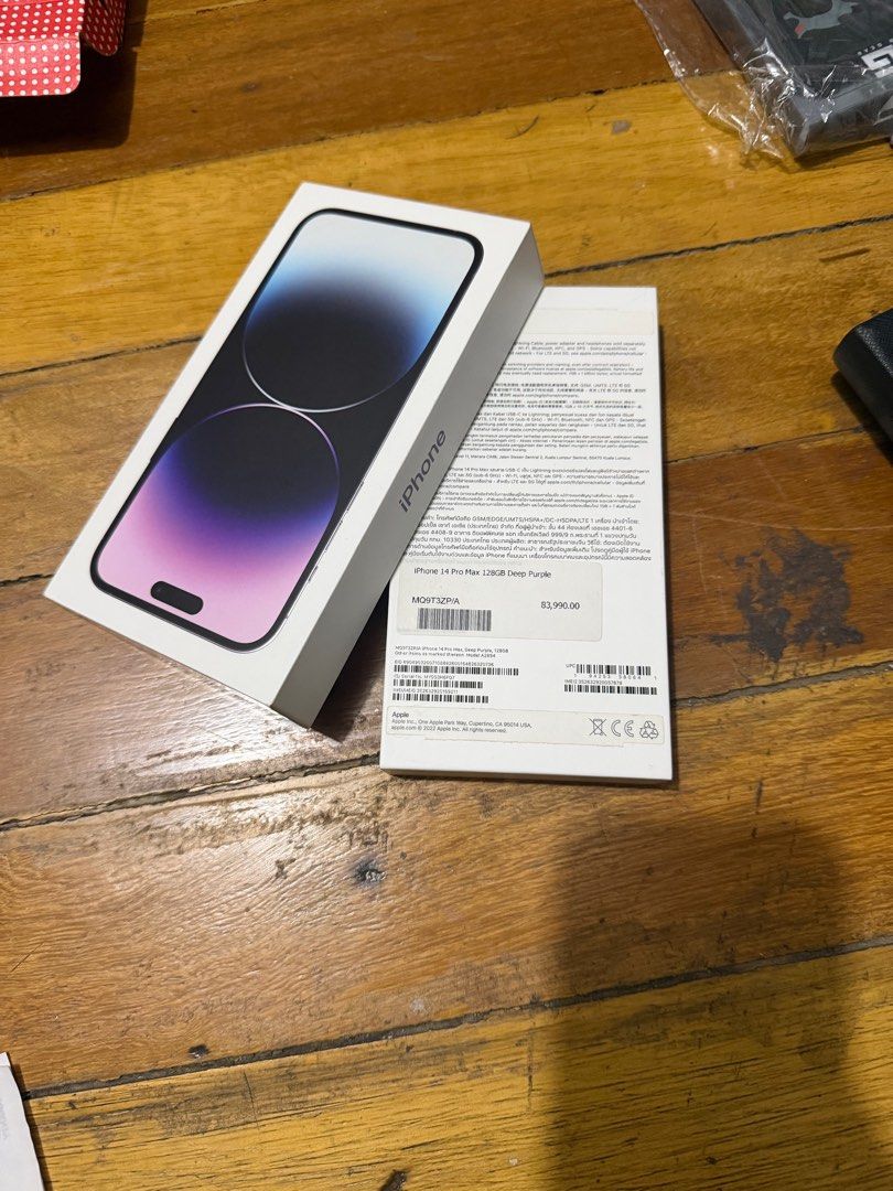 Box only Iphone 14 Pro Max complete box (Category: iPhone 14 Series) located in Paranaque City. Submitted by crew08 (Listing ID 1408301424, Image 2). Description: Iphone 14 Pro Max 128GB Deep Purple BOX ONLY Youll get everything you see in the photos..