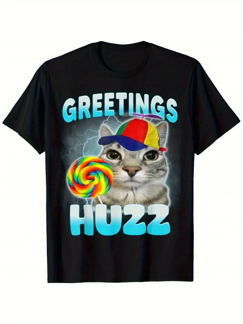 Greetings Huzz Fun Cat Meme T-Shirt - Soft Breathable Crew Neck Tee with  Rainbow Lollipop & Party Hat Design, 嘢食& 嘢飲, 其他食物及飲料- Carousell