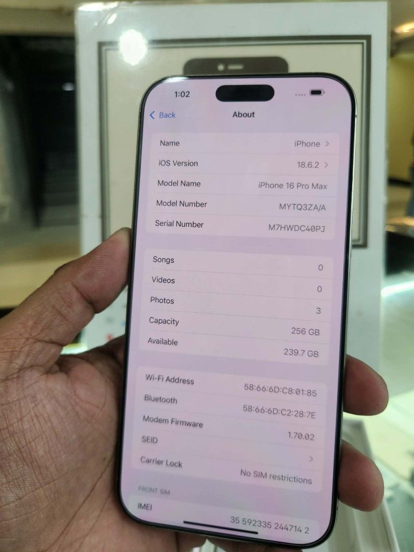 Iphone 16promax (Category: iPhone 16 Series) located in Pasig City. Submitted by ijamgadgets (Listing ID 1408325257, Image 3). Description: iphone 16promax good as new 256gb hk variant dual sim 93 batt health smooth no dents check all u want 📌we do cod in metro manila and near provinces just add sf only 📌can visit in my store at greenhills shopping center 📌we do LBC transaction 📌we accept credit card in store 📌Accept ggives and spaylater 📌f