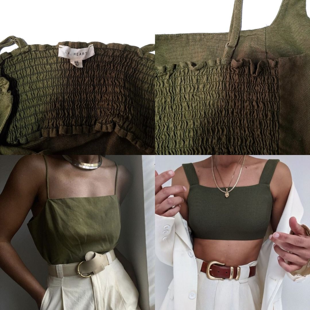 (SALE @99) Linen croptop (Category: Others Tops) located in Baguio. Submitted by a.ugustt (Listing ID 1408363153, Image 2). Description: fits XS-S | XS on tag amry green *linen, double-lined, smocked back, adjustable strap.