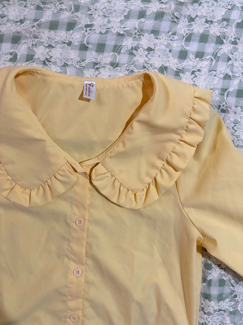 (M) yellow korean doll/peter pan collar blouse (Category: Blouses) located in Paranaque City. Submitted by prelovedtinez (Listing ID 1408461188, Image 3). Description: • ruffled collar • button down top • only worn once.