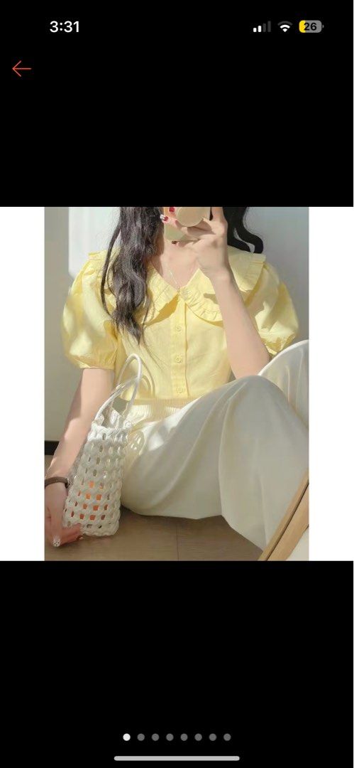 (M) yellow korean doll/peter pan collar blouse (Category: Blouses) located in Paranaque City. Submitted by prelovedtinez (Listing ID 1408461188, Image 2). Description: • ruffled collar • button down top • only worn once.