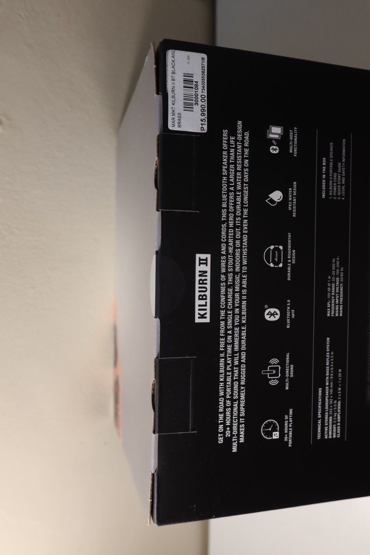 Marshall Kilburn II Bluetooth Speaker (Category: Soundbars, Speakers & Amplifiers) located in Mandaluyong City. Submitted by imalexestacio (Listing ID 1408351406, Image 3). Description: Marshall Killburn II (Php 15,990) •20+ hours of portable playtime •IPX2 Water Resistant • Multiple Host Functionality (Bluetooth) • sealed and never been open •received this as a gift but decided on selling it for school fundings 📍Mandaluyong City - can do meet u