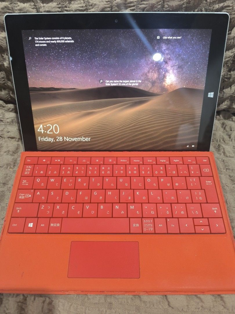 Microsoft Surface 3 Tablet with Keyboard (Category: Laptops & Notebooks) located in Las Pinas. Submitted by jpntrader (Listing ID 1408389544, Image 1). Description: - Microsoft Surface 3 tablet - Orange keyboard cover included - Issue not working some key ( #6 and ¥ ... but you can use keybord on touchscreen if when you need to use that key) - Windows interface - Japanese keyboard layout - Integrated trackpad.