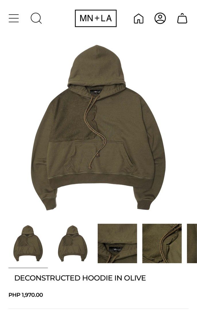 MN+LA Deconstructed Hoodie in Olive - Extra Large (Category: Hoodies) located in Manila. Submitted by phenommae (Listing ID 1408329518, Image 2). Description: - MN+LA Deconstructed Hoodie - Olive color - Extra Large size - Unique deconstructed design - Split color scheme - Drawstring hood - Kangaroo pocket - Brand new, still in original packaging - Original price: PHP 1,970.00 -Rfs: Decluttering.